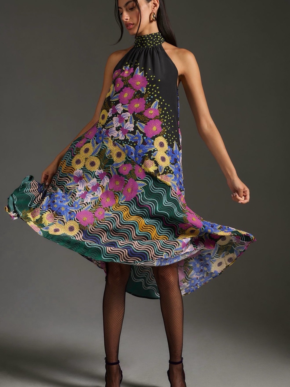 NWT Anthropologie Halter Asymmetrical Dress with Multicolor Floral and Waves